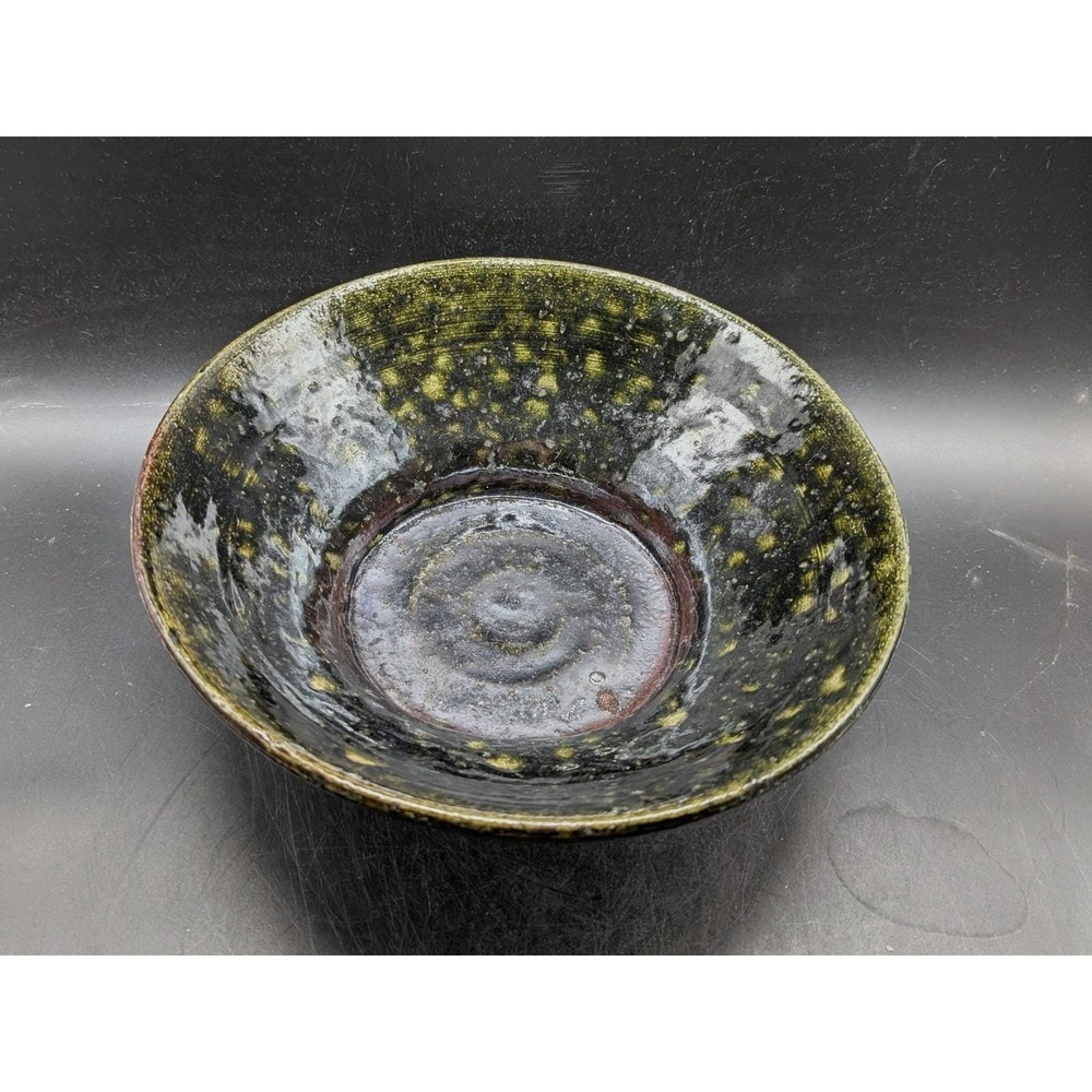 Vintage 1997 Signed Studio Pottery Bowl Black Green Raku Glaze Signed Bo 10"
